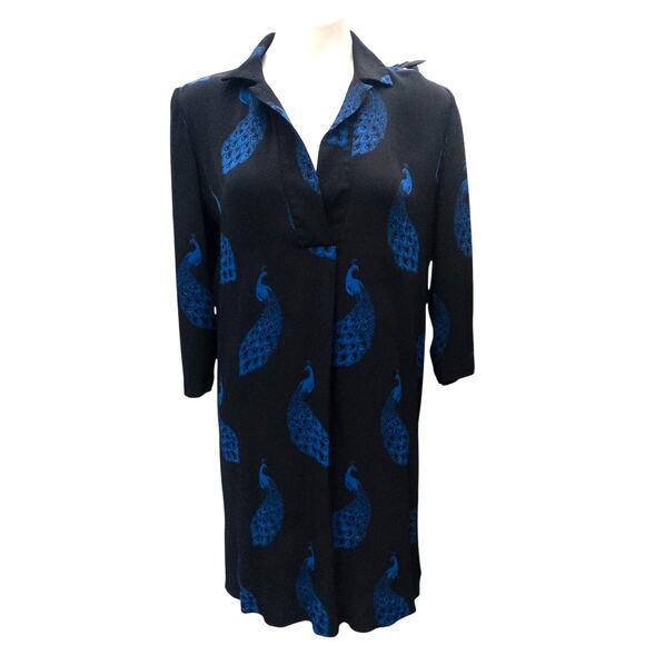 Ann Taylor  Peacock Print Shift  Dress 3/4 Sleeve Women's Medium Blue Black - Picture 3 of 6